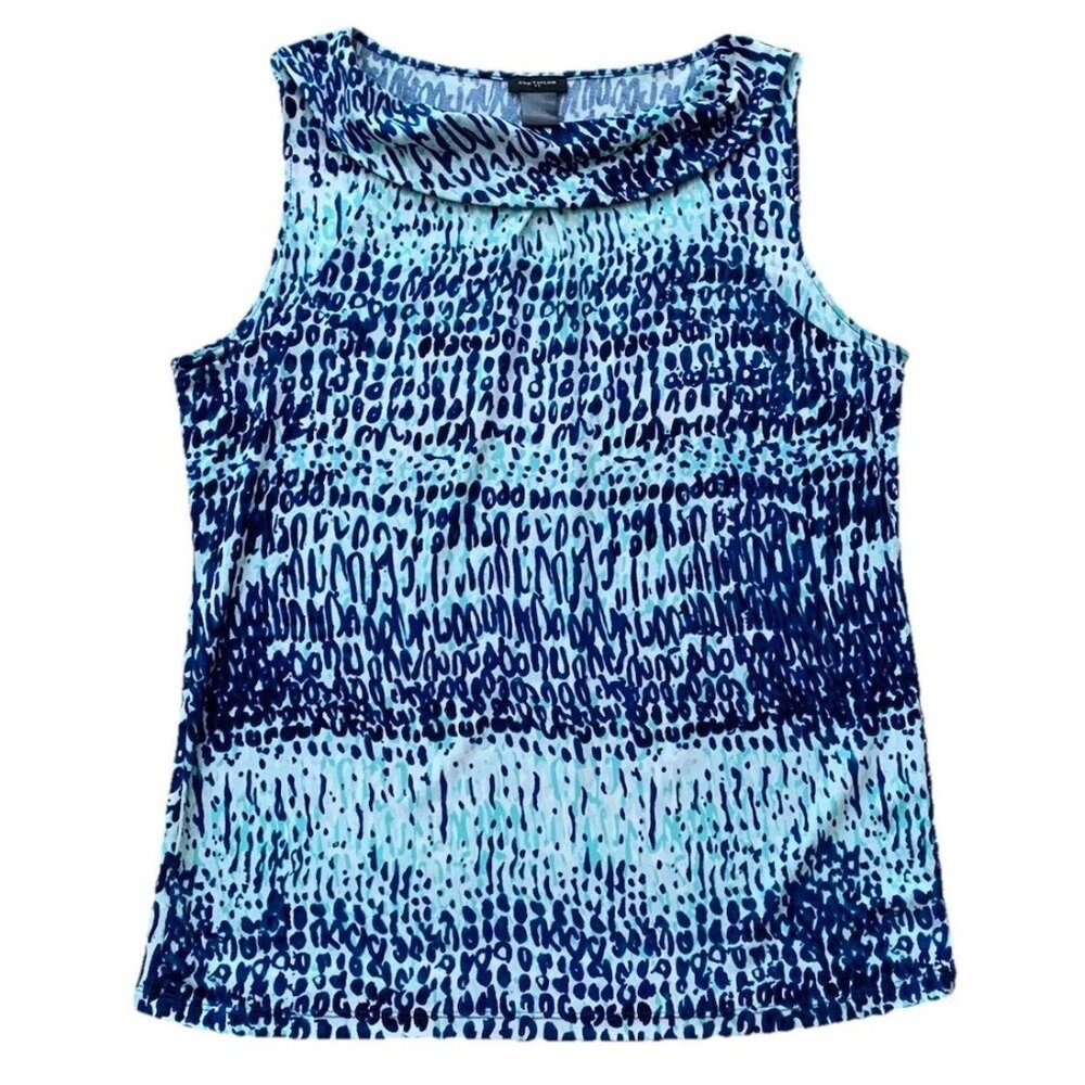 Ann Taylor Blue White Pattern Cowl Neck Sleeveless Knit Top Size Large